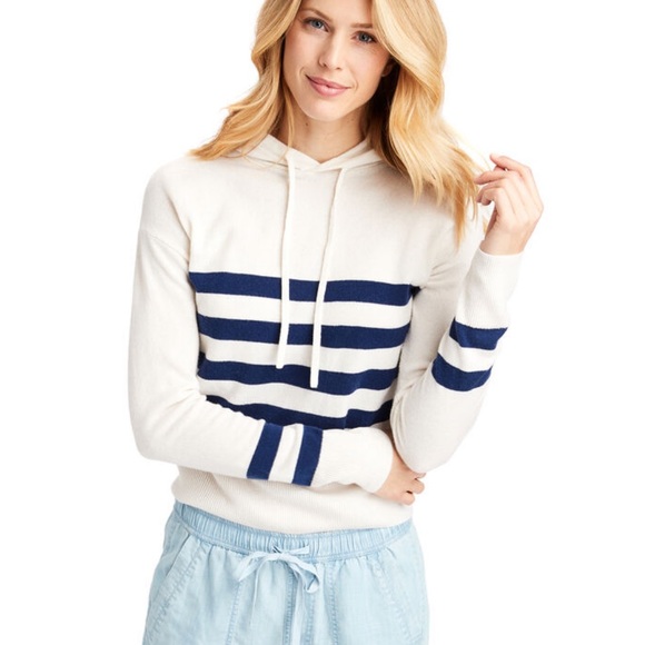 Vineyard Vines Cream & Blue Striped Cashmere & Wool Pullover Hoodie Sweater - M - Picture 2 of 15